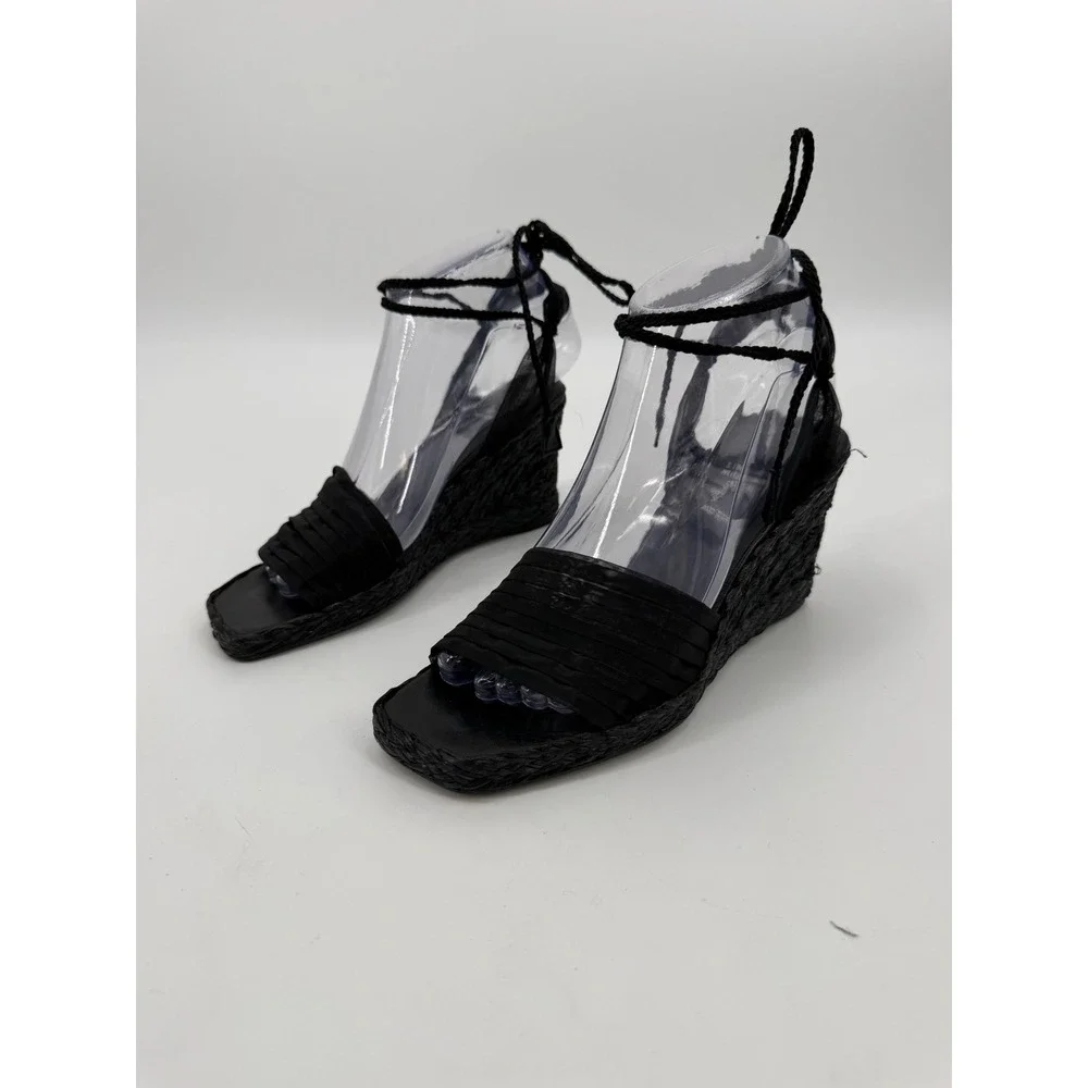 Stuart Weitzman Black Espadrille Wedge Sandals Pleated Ankle Tie Square Toe 5.5B